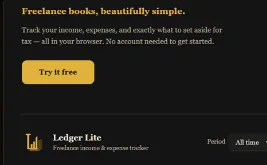Ledger Lite app dashboard showing income, expenses and tax set-aside