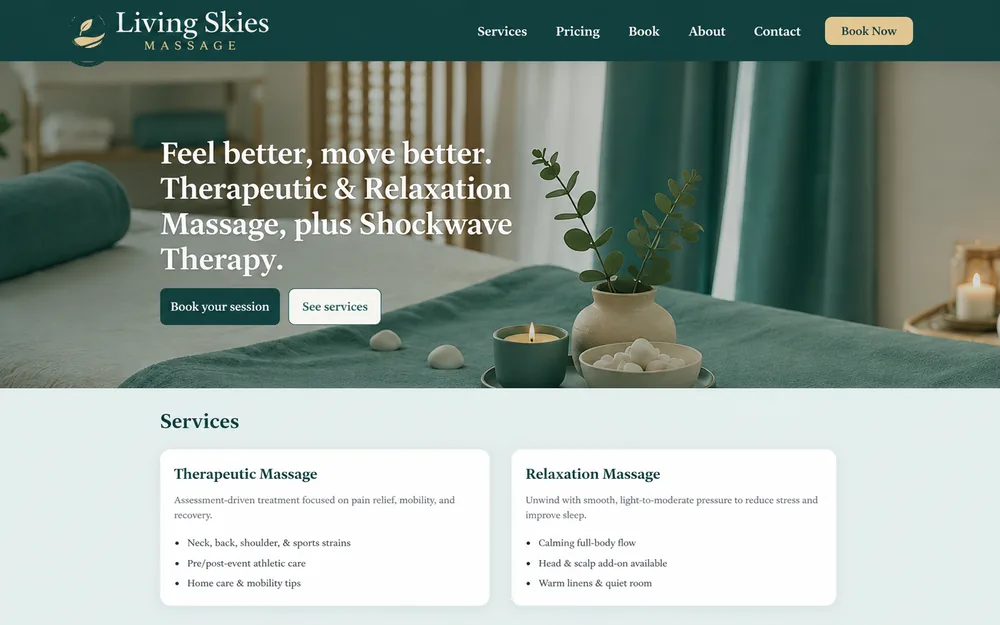 Living Skies Massage website homepage