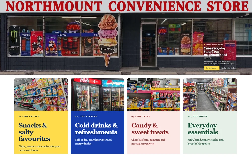 Northmount Convenience Store website: storefront hero with the headline Your everyday stop, above product category cards for snacks, cold drinks, candy and everyday essentials
